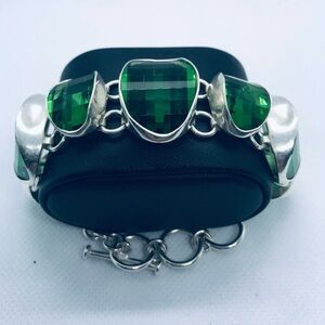 Vintage Silver Synthetic Green Concave Checkerboard Stone Bracelet, 8 1/4” Long